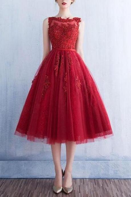 Dark Red Tulle Tea Length Homecoming Dress with Lace Applique