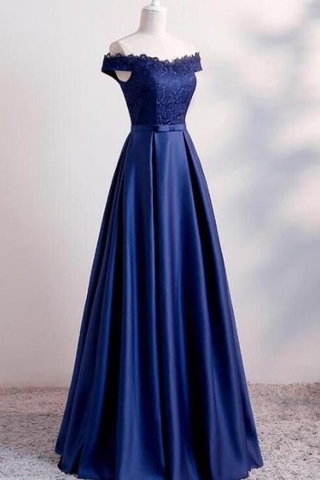 Beautiful Navy Blue Satin Long Party Dresses