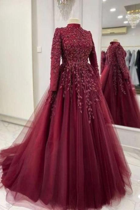 Mermaid Burgundy Tulle Long Prom Dresses, Formal Evening Dresses