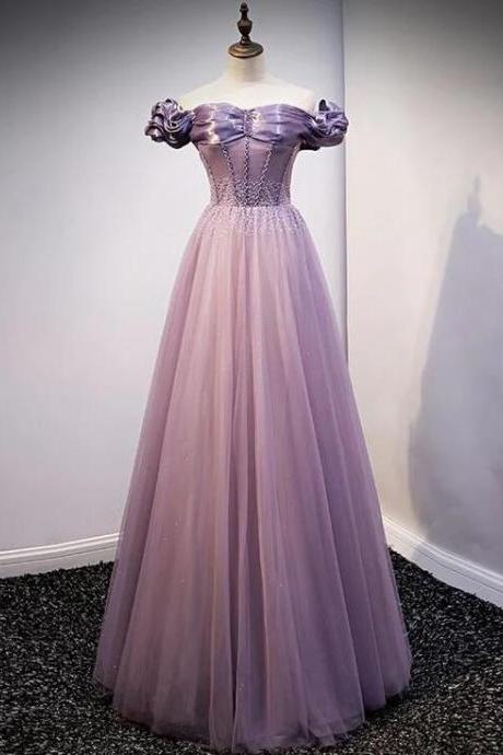 Off the Shoulder Purple Tulle Beading Sequins Prom Dresses