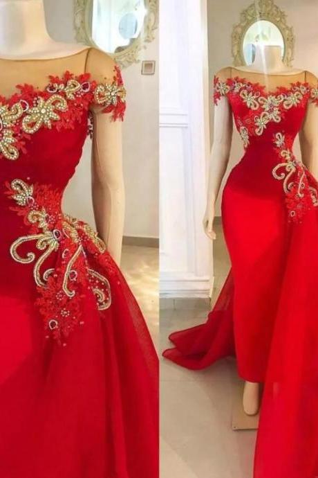 Charming Red Detachable Skirt Prom Dresses Cap Sleeve Lace Applique