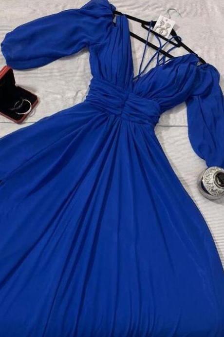 Simple A Line Chiffon Blue Prom Dresses