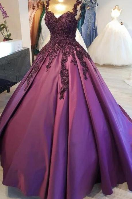 A Line Purple Ball Gown Long Prom Dresses