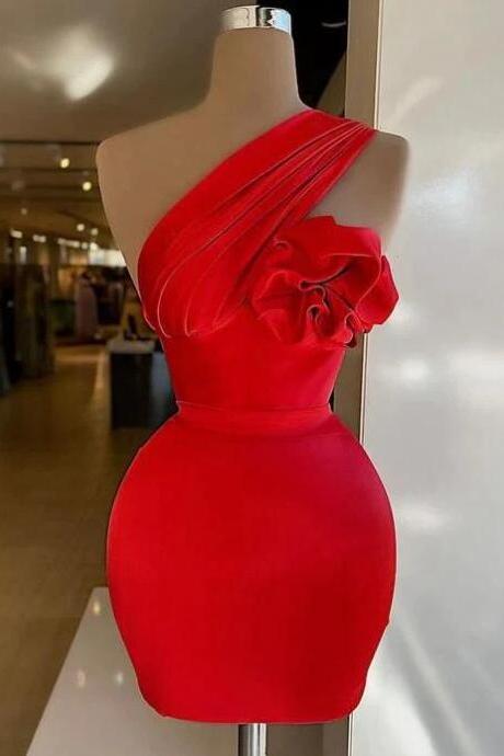 One Shoulder Red Elastic Satin Homecoming Dresses