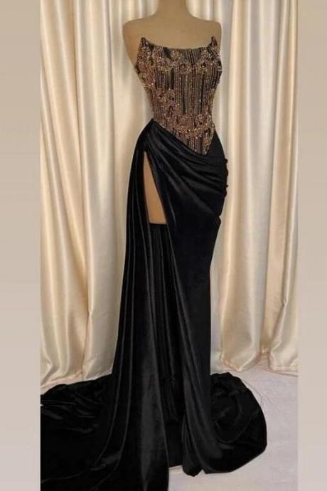 Chic Black Strapless Long Evening Dress With High Split