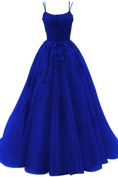 Spaghetti Strap Royal Blue Prom Dress Ball Gown Lace Appliques