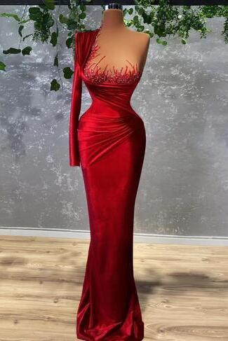 One Shoulder Velvet Beaded Red Carpet Dresses Evening Gowns