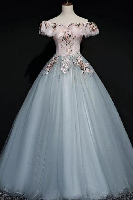Off Shoulder A-line Tulle With Lace Applique Long Prom Dresses