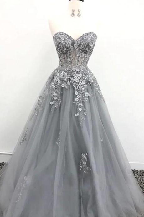 A Line Light Grey Tulle Sweetheart Formal Dress With Lace