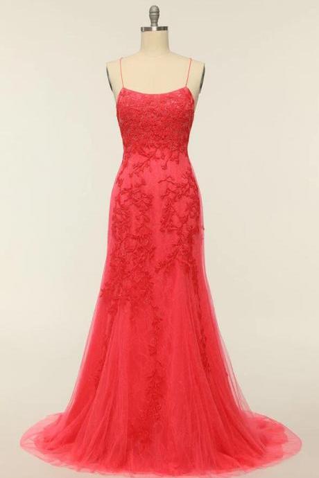 A Line Coral Backless Long Prom Dress With Appliques