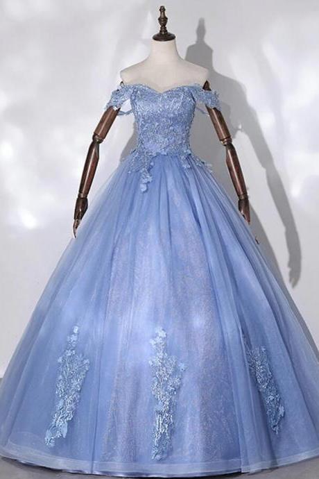 Off Shoulder Blue Tulle Party Dress With Lace