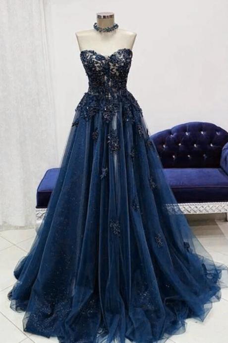 Sweetheart Navy Blue Tulle Lace Long Formal Dresses