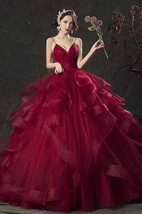 Ball Gown Glam Wine Red Tulle V-neckline Prom Dresses