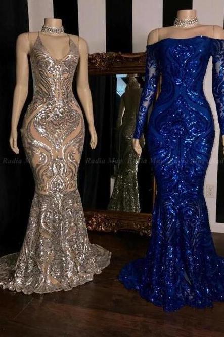 Sparkly Sequined Silver Mermaid African Royal Blue Long Sleeve Prom Dresses