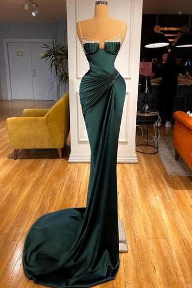 Gorgeous Spaghetti-straps Dark Green Mermaid Prom Dresses