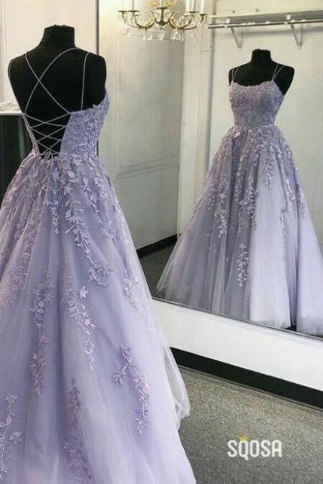 Lavender Lace Floor Length Prom Dresses With Lace