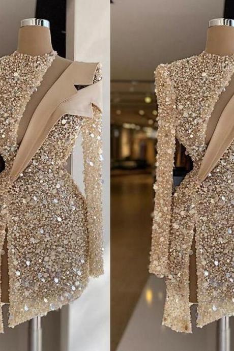 Champagne Evening Luxury Sequins Beads High Neck Long Sleeves Prom Dress
