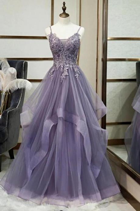 A Line Purple V Neck Lace Prom Dress With Corset Back