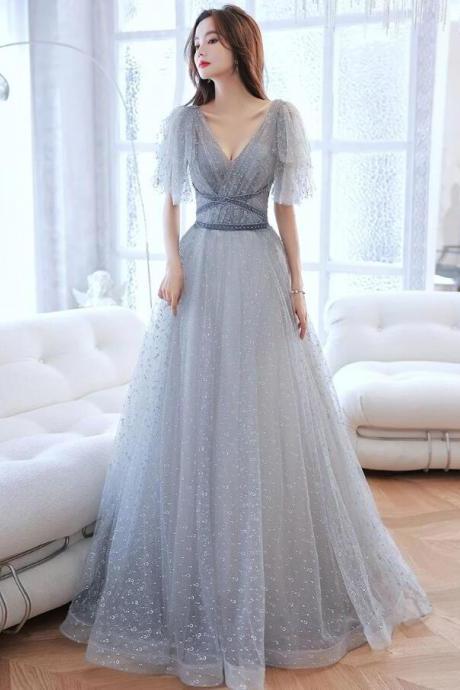 A Line Gray V Neck Tulle Long Prom Dresses