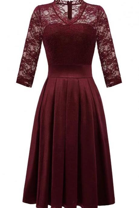 A Line Burgundy 3/4 Sleeves Lace Tea Length Formal Dress