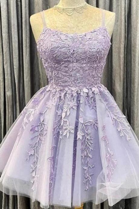 A Line Lilac Short Lace Applique Purple Homecoming Dresses