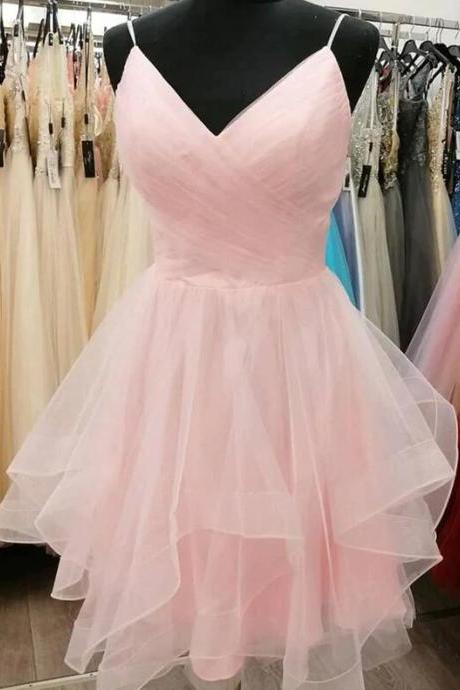 Cute Short V Neck Pink Prom Dresses