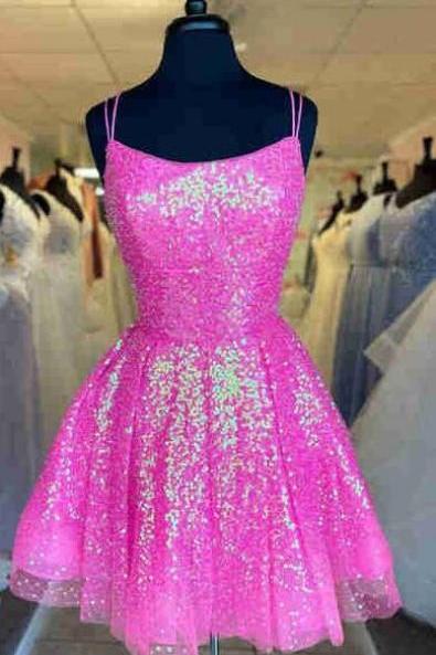 A-line Pink Sparkle Homecoming Dresses