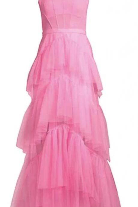 A Line Long Pink Prom Dresses
