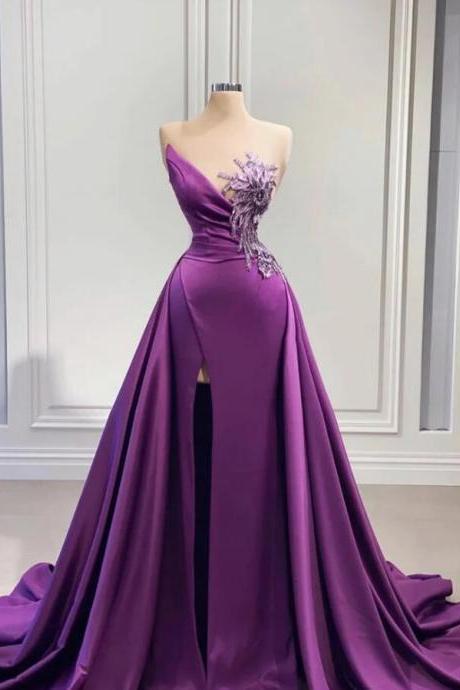 Mermaid Purple Prom Dress With High Slit