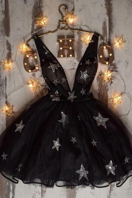 Black V Neck Tulle Short Prom Dress