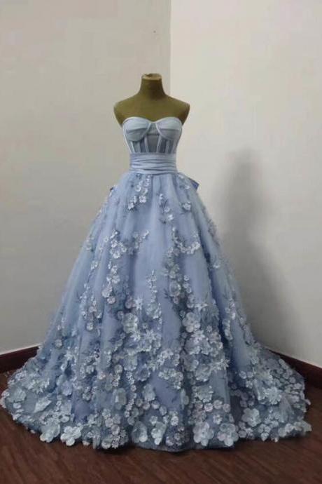 A Line Blue Tulle Applique Long Prom Dresses