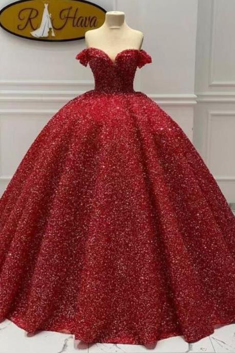Ball Gown Off Shoulder Sparkly Red Prom Dresses