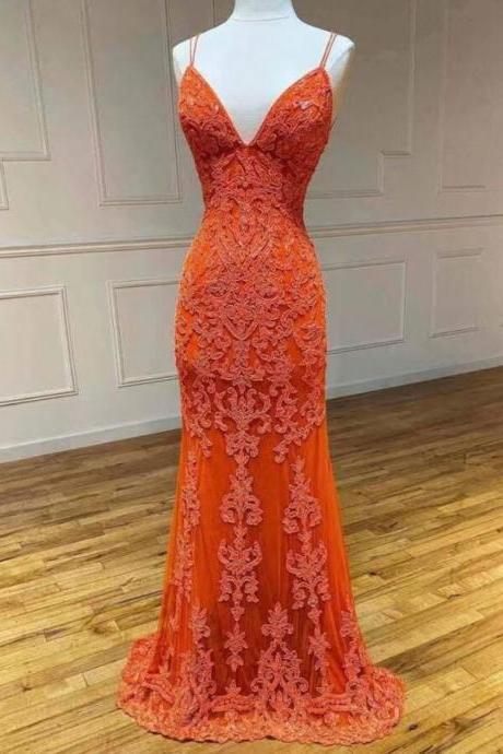 Sheath Orange Long Prom Dresses With Appliqué