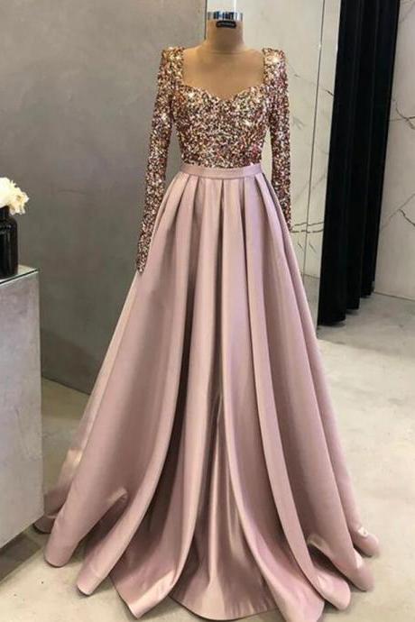 Luxury A-line Sequined Long Sleeve Evening Dress For Women