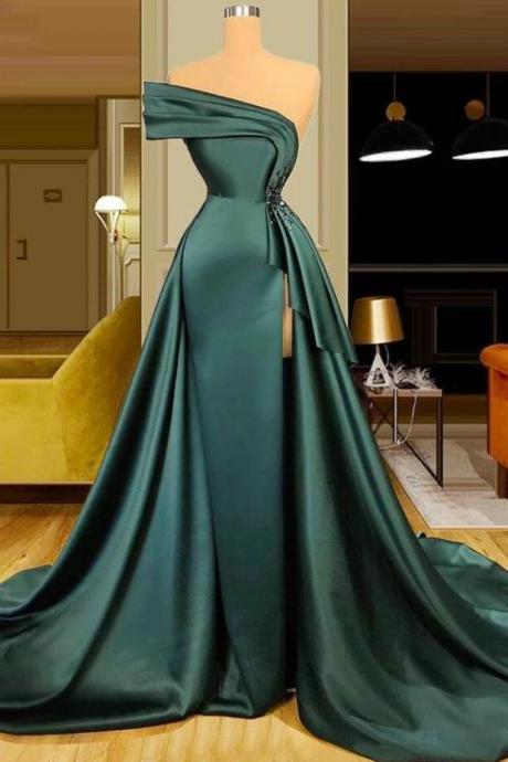 Elegant Dark Green Satin Long Evening Dresses