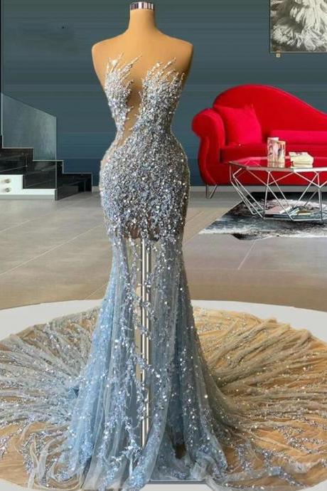Sparkly Light Bluestrapless Beading Sequins Mermaid Prom Gowns