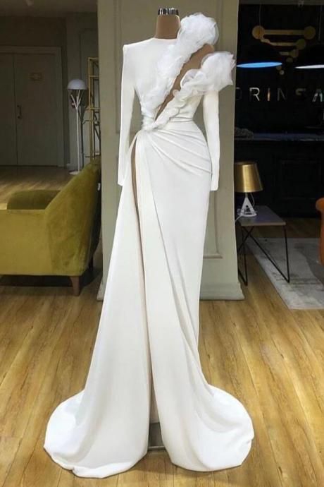 White Satin Ruffles Sexy Keyhole Long Sleeves High Side Prom Dresses 