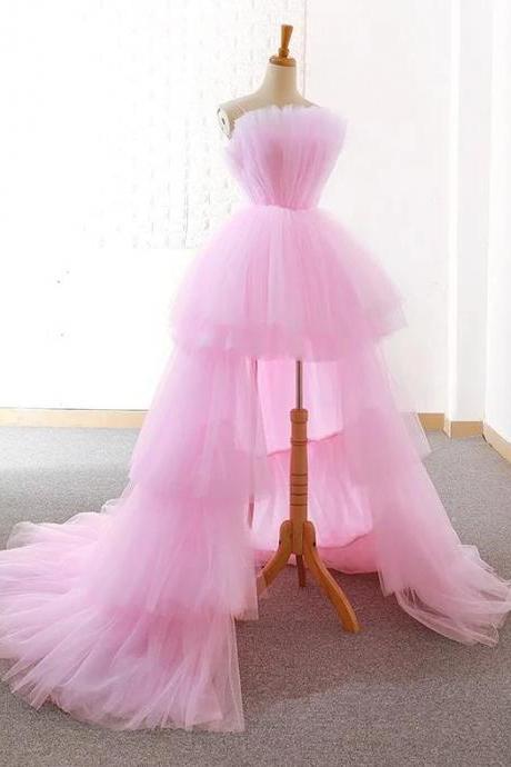 Spaghetti Strap Rose Pink High Low Prom Dresses
