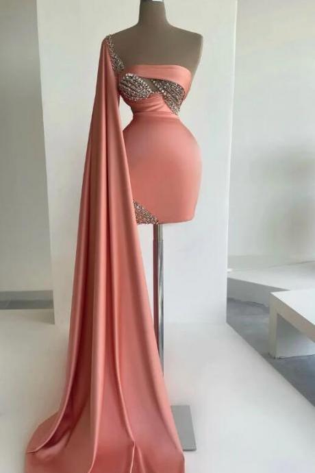 One Shoulder Pink Short Prom Dresses
