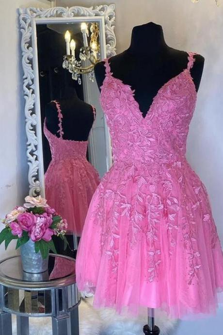 A Line V Neck Short Pink Lace Prom Dresses