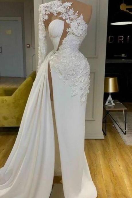 Elegant Mermaid Ivory One Shoulder Lace Prom Dresses