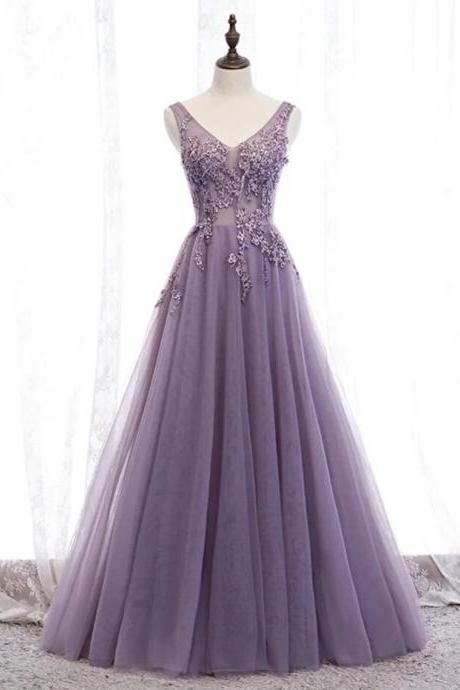 A Line Purple Lace Tulle Prom Dresses