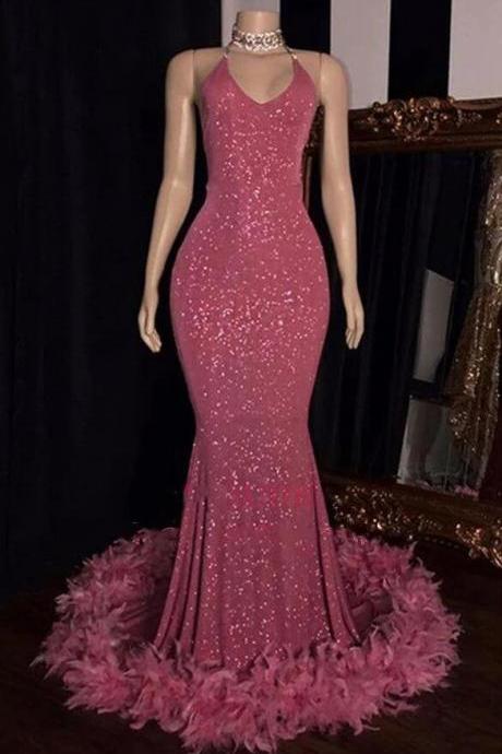 Charming Halter Mermaid Pink Sequence Prom Dresses With Feathers