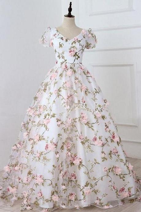 Vintage V Neck 3d Flowers Long Prom Dress