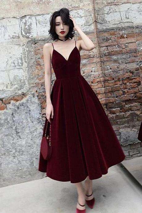 Simple Burgundy Velvet Tea Length Prom Dress