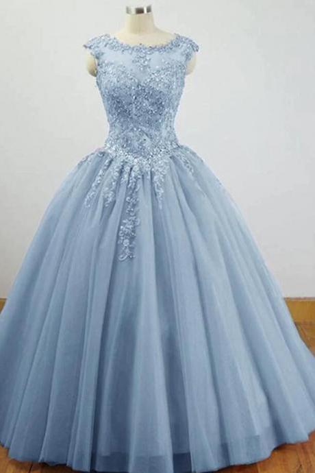 Charming Blue Tulle Long Ball Gown Prom Dress With Lace