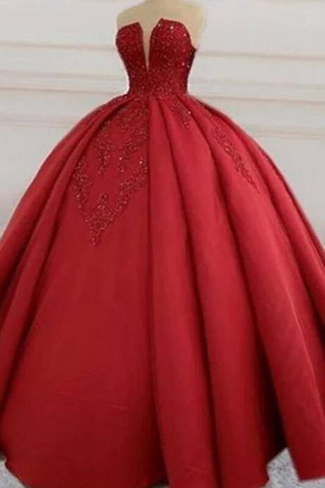 Strapless Red Quinceanera Dresses Lace Appliques