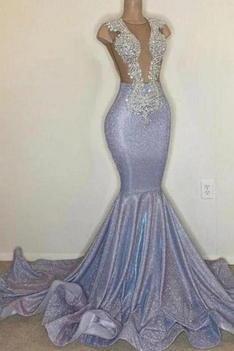Sexy Backless Black Girl African Sequin Silver Prom Dresses