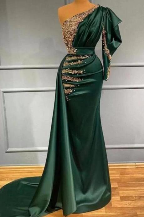 One Shoulder Dark Green Mermaid Evening Dresses With Gold Lace Appliques