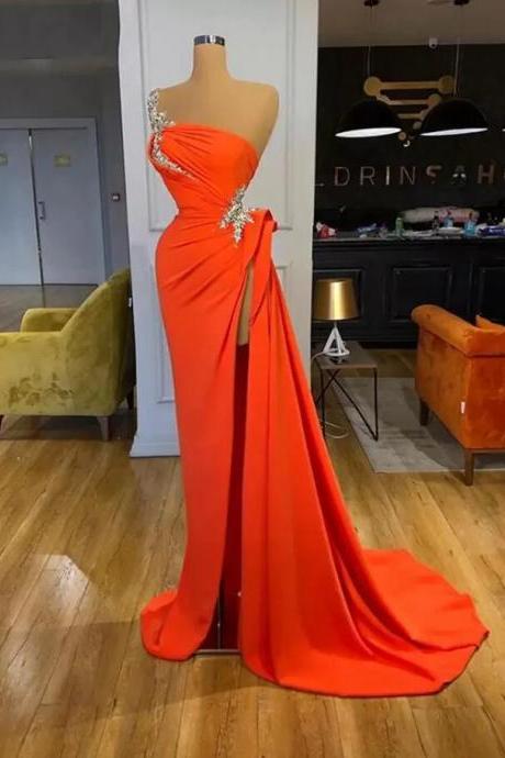 One Shoulder Orange Evening Dress With High Slit